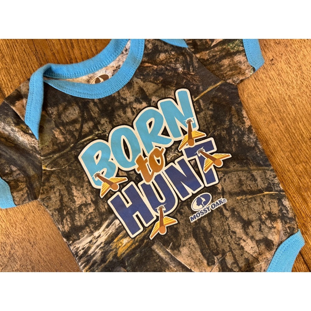MOSSY OAK Baby Bodysuit Tee Shirt Born To Hunt 3/6 Months Blue Camo Boy Girl